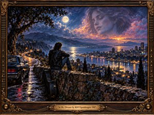 A solitary man sits beside a guitar case above a glowing coastal city, lost in quiet reflection beneath a full moon. A dreamlike womans face emerges softly from luminous clouds. Rich blues, violets, amber lights, wet-road reflections, and detailed oil-paint textures create a nostalgic, romantic, cinematic 1980s atmosphere.