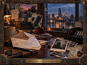 A rain-soaked city glows beyond a window while a cluttered desk holds torn letters, faded photographs, a dark red rose, old books, and a black telephone. Warm amber lamplight contrasts with cool blue night tones, creating a wistful, intimate mood within a richly textured vintage mixed-media collage and weathered musical frame.