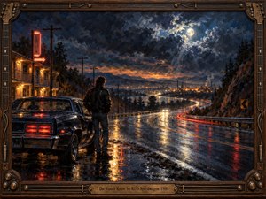 A lone man stands beside a dark 1980s car on a rain-slick highway overlooking distant industrial lights. Moonlit storm clouds, glowing motel neon, winding traffic trails, and reflective pavement create a restless, introspective mood. Rich oil painting textures blend deep blues, amber highlights, crimson accents, and dramatic silver light.