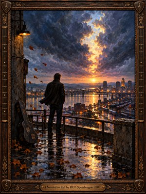 A solitary figure stands on a rain-soaked overlook above a glowing riverside city, beside a battered guitar case. Windblown autumn leaves scatter across reflective pavement as turbulent indigo clouds part around golden sunlight. Rich oil-painted textures, amber highlights, and an ornate carved wooden frame evoke melancholy, quiet resilience, and renewal.
