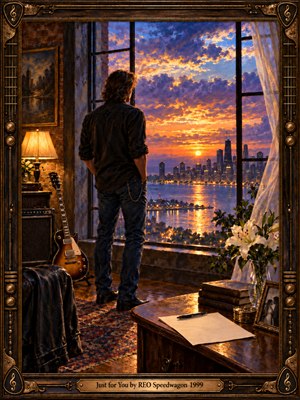 A solitary man stands beside an electric guitar in a warmly lit loft, gazing through tall windows at a glowing waterfront skyline. Violet clouds and fiery orange reflections contrast with dark brick, white lilies, and a letter on a desk. Rich oil-painted textures and an ornate musical frame convey quiet devotion.