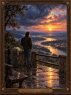 A lone man stands on a rain-washed overlook, gazing across a winding river toward a glowing sunset. Stormy blue clouds give way to gold and rose, reflected in wet stone. White flowers, a guitar case, and distant town lights evoke devotion and longing. Ornate bronze framing completes the painterly scene.