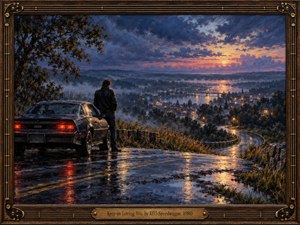 A lone man stands beside a rain-soaked vintage coupe overlooking a glowing river town at twilight. Deep blues, violet clouds, warm amber lights, mist, and wet reflections create a wistful romantic mood. Rich oil-paint textures, winding roads, distant hills, and an ornate guitar-inspired frame evoke enduring devotion and memory.