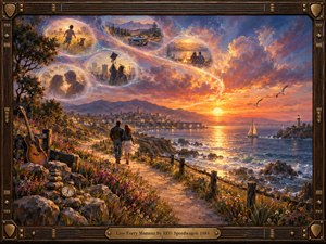 A romantic couple walks a winding coastal path beneath a radiant sunset, surrounded by wildflowers, rocky shores, and shimmering water. Dreamlike memory bubbles drift through the glowing sky, linking childhood, travel, love, and celebration. Warm gold, coral, violet, and blue tones create a nostalgic, painterly atmosphere framed with musical details.