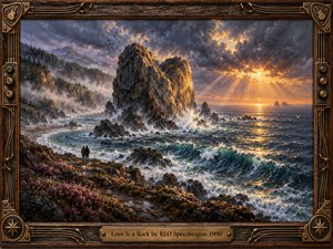 A towering heart-shaped rock rises above a rugged coast as stormy waves crash around two solitary figures on the shore. Golden sunset light breaks through deep blue-gray clouds, illuminating sea spray, cliffs, and distant water. Rich oil-paint textures and an ornate guitar-themed frame create a dramatic, enduring mood.