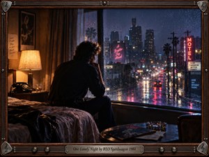 A solitary man sits beside a rain-streaked motel window, gazing over a neon-lit city at night. Warm amber lamplight contrasts with cool blue streets and pink reflections, creating a melancholy, cinematic 1980s mood. A rotary phone, rumpled bed, glass, and guitar-themed frame deepen the sense of loneliness and memory.