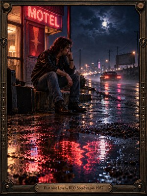 A solitary man sits outside a neon motel on a rain-soaked night, watching a car disappear toward distant city lights. Red, magenta, amber, and blue reflections shimmer across wet pavement beneath a clouded moon. Cinematic 1980s photographic styling, deep shadows, metallic framing, and a fractured heartlike reflection evoke weary disillusionment.