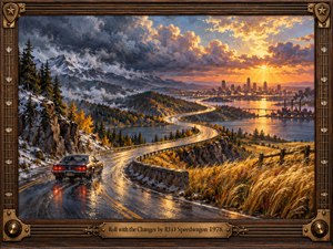 A vintage coupe follows a rain-slicked mountain road toward a glowing city beneath dramatic storm clouds and golden sunset light. Snowy peaks, dark pines, autumn grasses, reflective water, and industrial silhouettes frame the sweeping journey. Rich oil-paint textures, warm bronze tones, and a guitar-inspired frame create hopeful, nostalgic momentum.