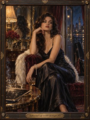 A poised woman in a black evening gown sits within a luxurious 1970s interior, surrounded by burgundy velvet, polished brass, roses, mirrors, and glassware. Warm lamplight contrasts with cool city blues beyond the balcony, creating an elegant, distant mood. Rich oil-paint textures and rock-inspired frame details deepen the atmosphere.