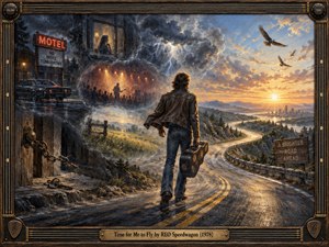 A lone traveler carrying a guitar case walks along a winding highway toward a glowing sunrise, leaving stormy memories behind. Moody blues and charcoal shadows give way to warm gold and amber light. Painted in a cinematic oil style, the scene uses misty memory fragments, soaring birds, weathered signs, and a detailed musical frame.