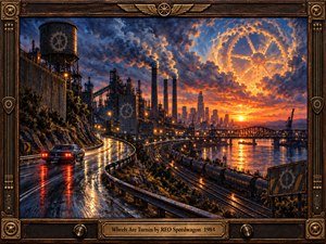 A rain-slick highway curves past an industrial city at sunset as a classic car drives toward glowing towers, smokestacks, rail lines, and a river bridge. Fiery orange light breaks through deep blue storm clouds, forming a symbolic wheel overhead. Rich oil-paint textures, bronze details, reflections, and dramatic lighting create determined, forward-moving energy.