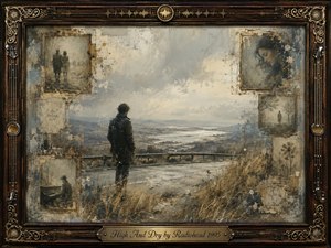 A solitary figure stands beside a weathered roadside overlooking a pale, windswept valley, surrounded by faded memory portraits in aged frames. Muted blues, grays, browns, and tarnished gold create a melancholic atmosphere. Soft overcast light, distressed painterly textures, musical frame details, and the engraved title plate reinforce nostalgia and emotional isolation.