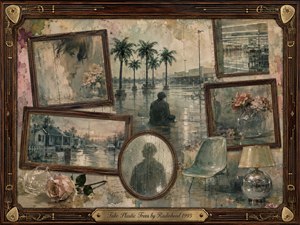 A solitary figure sits beneath artificial palms in a rain-soaked suburban landscape, surrounded by faded portraits, empty retail spaces, plastic flowers, and domestic objects. Muted greens, beige, pink, and gray-blue create a wistful atmosphere. Layered watercolor, acrylic, and oil textures blend with weathered rosewood frames, gold filigree, and reflective chrome details.