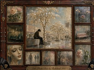 A solitary figure sits beneath pale artificial trees in a rain-slicked urban plaza, surrounded by rosewood-framed fragments of fading roses, empty seats, blurred faces, and wistful memories. Muted beige, dusty blue, and soft pink tones glow under diffused light, blending oil, acrylic, and watercolor textures into quiet melancholy.