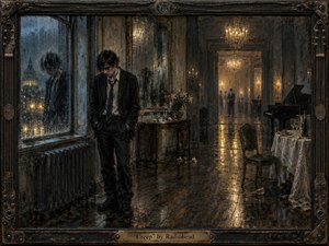 A solitary young man stands beside a rain-streaked window in a decaying ballroom, isolated from distant, softly blurred guests. Moody blue-gray shadows contrast with warm chandelier light reflected on worn wooden floors. Painterly textures, distressed architecture, a silent piano, scattered glassware, and an ornate industrial frame deepen the atmosphere of alienation and melancholy.