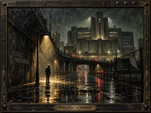 A solitary figure stands beneath a glowing streetlamp on a rain-soaked city road, dwarfed by looming concrete towers and elevated highways. Murky blacks, gray-green skies, amber lights, and red reflections create an oppressive, uneasy mood. Thick painterly textures, industrial framing, surveillance-like signage, and metallic details evoke dystopian oil-painted realism.