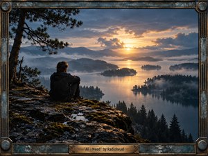 A solitary figure sits on a moss-covered rocky overlook above a misty mountain lake, framed by an aged pine tree and distant islands. Cool blue-gray shadows contrast with warm golden sunlight reflecting across the water. The cinematic composition feels melancholic and intimate, rendered with richly textured realism, weathered metal framing, and engraved brass detailing.