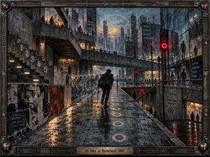 A lone figure runs through a rain-soaked futuristic city of layered walkways, repeating silhouettes, and looming glass towers. Cold blue-gray architecture contrasts with warm amber windows and glowing red signals. Wet pavement reflects fractured light, while industrial textures, numbered steps, and rhythmic repetition create a tense, mechanical, disorienting atmosphere.
