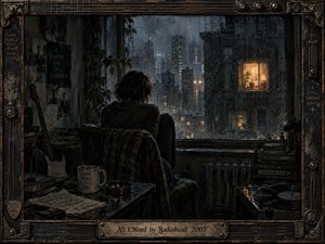 A solitary figure sits beside a rain-streaked apartment window overlooking a dense nighttime city, surrounded by a guitar, records, books, and worn furniture. Deep charcoal and muted bronze tones create an intimate, melancholic mood, while distant warm windows glow against cold blue-gray rain. The ornate industrial frame reinforces the handmade, weathered aesthetic.