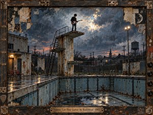 A lone guitarist stands atop a rusted diving platform above a drained municipal pool at stormy twilight. Desaturated blue, gray, teal, and rust tones create a tense, melancholic mood, while wet tiles reflect distant lights. The distressed mixed-media style, dramatic sky, abandoned setting, and instrument-inspired frame suggest restless ambition and isolation.