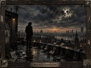 A lone figure stands on a rain-dark rooftop overlooking a sprawling city beneath turbulent charcoal clouds and an eclipsed black star. Muted blue, gray, sepia, and amber tones create a tense, melancholy mood. Painterly textures, wet reflections, windblown papers, distant lights, and a weathered metal-and-wood frame deepen the atmosphere.