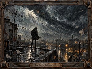 On a rain-slick rooftop, a lone figure faces a storm-torn industrial city beneath a swirling, vortex-like sky. Amber streetlights gleam against deep blues, charcoal grays, and rusted browns. The dramatic composition, painted in textured mixed media, feels restless, bleak, and cinematic, framed by weathered metalwork and a titled plaque.
