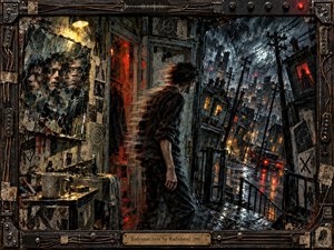 A lone figure stands between a battered interior and a rain-soaked crooked city street, surrounded by fractured reflections, tangled wires, and leaning buildings. Cold blue-gray shadows clash with amber lamps and red glows, creating an anxious, dislocated mood. Thick painterly textures, scratched surfaces, wet reflections, and an industrial frame intensify the handmade, dystopian atmosphere.