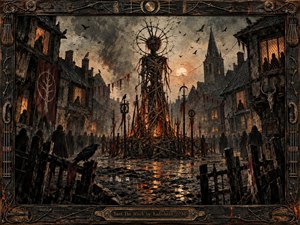 A towering wicker effigy burns within a grim medieval village square, surrounded by shadowed figures, ravens, and weathered timber buildings. Smoky amber light cuts through a gray sky, reflecting across muddy ground. Dark carved framing, thornlike metalwork, and a bronze title plate intensify the ominous, ritualistic mixed-media atmosphere.