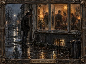 A solitary young man stands in rain on a dark city street, gazing through a glowing window at a lively gathering inside. Cool blue grays and amber light create a tense, lonely mood. Reflective pavement, blurred figures, weathered textures, and a decorative frame give the scene a moody handcrafted cinematic feel.