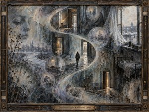 A solitary figure wanders through a dreamlike maze of worn rooms, winter landscapes, stairways, and fading memories. Flowing translucent forms create an S-shaped path through muted blue, gray, and sepia tones. Soft lamplight and distant daylight deepen the melancholy, while distressed textures, clocks, and ghostly scenes evoke memory, isolation, and passing time.