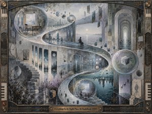 A surreal architectural dreamscape unfolds along a sweeping S-curve, linking quiet rooms, flooded corridors, distant mountains, reflective water, and isolated figures. Cool gray, blue, and silver tones create a restrained, uneasy calm. Glassy spheres, geometric forms, worn textures, and soft light reinforce the precise yet disorienting atmosphere.