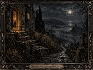 A moonlit stone chapel clings to a hillside above a mist-filled valley, where a winding path leads toward a distant ruined castle and silver water. Warm candlelight glows from the doorway, contrasting with cold blue shadows. The mood is mournful and cinematic, rendered in richly textured, gothic, handcrafted detail.