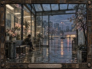 A solitary figure sits on a bench inside a rain soaked glass shelter beside pale flowers and glossy potted trees, gazing into a wet twilight city plaza. Blue gray skies, amber reflections, and pink petals create a melancholic mood in this richly textured handcrafted mixed media scene with an ornate musical frame.