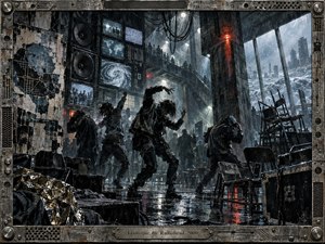 Shadowed figures twist and brace inside a flooded industrial bunker filled with speakers, monitors, cables, broken chairs, and icy windows overlooking a storm-struck city. Cold blue-gray tones, harsh white glare, and red emergency light create panic and alienation, while distressed mixed-media textures and a riveted metal frame intensify the dystopian mood.