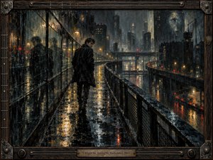 A solitary figure walks along a rain-soaked elevated passage through a shadowy industrial city, reflected in glass and wet pavement. Dim amber lights, red signals, steel structures, and distant towers create a tense, uncertain mood. Dark painterly textures and the rugged instrument-inspired frame reinforce isolation, doubt, and restless movement.