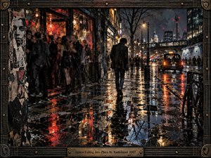 A lone figure walks through a rain-soaked city night, leaving a blurred crowd outside a glowing club. Red, amber, blue, and charcoal reflections fracture across wet pavement, creating tense visual rhythm. Painterly textures, torn posters, taxis, distant architecture, and a dark instrument-inspired frame deepen the restless, introspective atmosphere.
