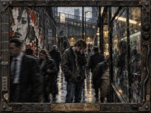 A distressed young man stands amid a rain-soaked urban passage as blurred crowds stream around him, emphasizing isolation, anxiety, and self-conflict. Cracked glass, torn posters, concrete, and dim amber lights create a gritty 1995 atmosphere. Dark charcoal tones, wet reflections, and industrial framing give the scene a raw, handcrafted intensity.