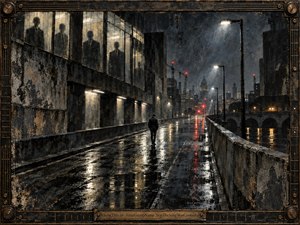 A lone figure walks along a rain-soaked urban overpass beneath cold streetlights, watched by shadowy silhouettes behind grimy windows. Wet pavement mirrors red and amber lights while distant cranes and a domed skyline fade into mist. Distressed mixed-media textures, charcoal tones, bronze framing, and stark perspective create an oppressive, alienated mood.