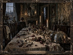 A decaying candlelit dining room surrounds a solitary figure seated beside a long ruined feast, where shattered porcelain, wilted roses, dark wine, silver serving pieces, and rain-streaked windows create a tense, haunted stillness. Muted browns, blackened greens, and amber light give the detailed painterly scene a gothic, melancholy atmosphere.