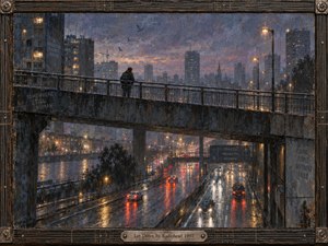 A solitary figure stands on a rain-darkened overpass above glowing city traffic, surrounded by misty towers, wet reflections, and distant birds. Cool blue-gray and violet tones contrast with amber streetlights and red taillights. Textured oil-and-gouache brushwork, weathered surfaces, and a handcrafted metal-wood frame deepen the melancholy atmosphere.