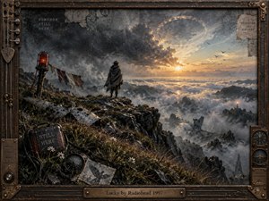 A lone figure stands on a rugged cliff above a vast sea of clouds, surrounded by wreckage, wild grass, and a glowing warning beacon. Dark storm clouds retreat toward a radiant sunrise, creating a tense but hopeful mood. The detailed mixed-media style blends weathered metal, painterly texture, and cinematic light.