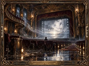 A solitary figure sits in a decaying Art Deco cinema, facing a luminous screen where a ghostly face dissolves into clouds above a silver sea. Deep burgundy seats, tarnished gold ornament, mist, scattered petals, and reflective flooring create a mournful dreamlike atmosphere, framed by intricate vintage theatrical detailing.