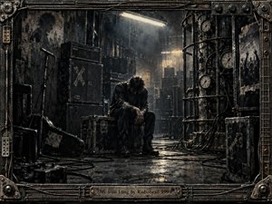 A weary musician sits hunched on a battered equipment case inside a dark industrial rehearsal space, surrounded by amplifiers, cables, pressure gauges, and rusted machinery. Harsh overhead light cuts through smoky air, revealing wet concrete, worn metal, and deep shadows. The gritty monochrome style creates claustrophobic tension, exhaustion, and mechanical unease.