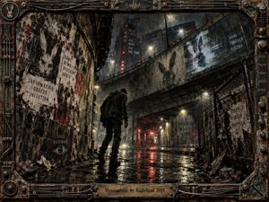 A lone figure stands beneath a rain-soaked urban overpass, surrounded by decayed walls, torn posters, rusted metal, and glowing surveillance screens. Harsh white lamps and red reflections cut through the darkness, creating a paranoid industrial mood. The distressed mixed-media style emphasizes grime, corrosion, isolation, and oppressive technological decay.