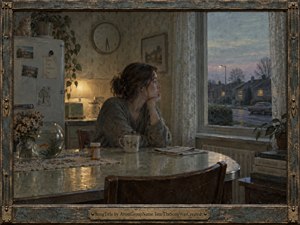 A solitary woman sits at a worn kitchen table, gazing through lace curtains at a quiet suburban street at dusk. Muted greens, grays, and fading blue light create a hushed, melancholy mood. Painterly textures, warm lamplight, a fishbowl, flowers, and an ornate framed border deepen the intimate, nostalgic atmosphere.