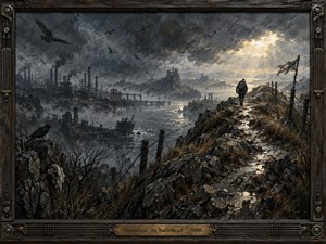 A lone traveler follows a rugged cliff path above a storm-dark industrial wasteland, moving toward a distant break of golden sunlight. Heavy clouds, ruined factories, black birds, wet stone, and skeletal vegetation create a bleak yet determined mood. Thick painterly textures and an ornate dark metal frame reinforce the brooding atmosphere.