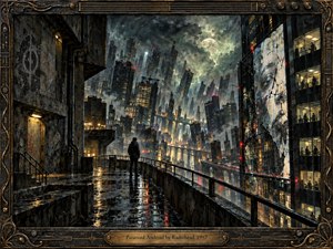 A lone hooded figure stands on a rain slick terrace overlooking a vast dystopian city of tilted towers, glowing windows, bridges, and mist. Under a stormy moonlit sky, cold blue gray tones contrast with warm amber lights. The artwork feels cinematic, melancholic, and richly textured, enclosed by an ornate industrial frame.