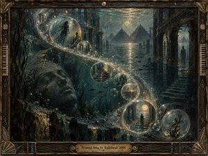 A submerged dreamscape unfolds beneath ancient ruins, where glowing memory bubbles drift along a sweeping S-curve toward distant pyramids. Deep teal water, tarnished bronze, muted gold, and smoky shadows create a solemn, timeless mood. Painterly textures, ruined stone, ghostly figures, reflective light, and an ornate aged frame heighten the haunting atmosphere.