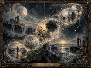 A luminous S-curve of translucent memory spheres drifts across a stormy midnight landscape, linking solitary figures, ruined arches, moonlit water, bare trees, and distant horizons. Deep blue-gray tones, warm gold highlights, misty reflections, cracked painterly textures, and an aged bronze frame create a haunting, meditative sense of time, loss, and release.