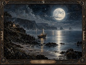 A moonlit coastal cove unfolds in deep blue and silver tones, where a small sailboat rests near rocky shorelines beneath an enormous glowing moon. A cottage on the cliff adds warm light and solitude. Painted in richly textured romantic realism, the scene feels wistful, quiet, dreamlike, and tenderly haunted.